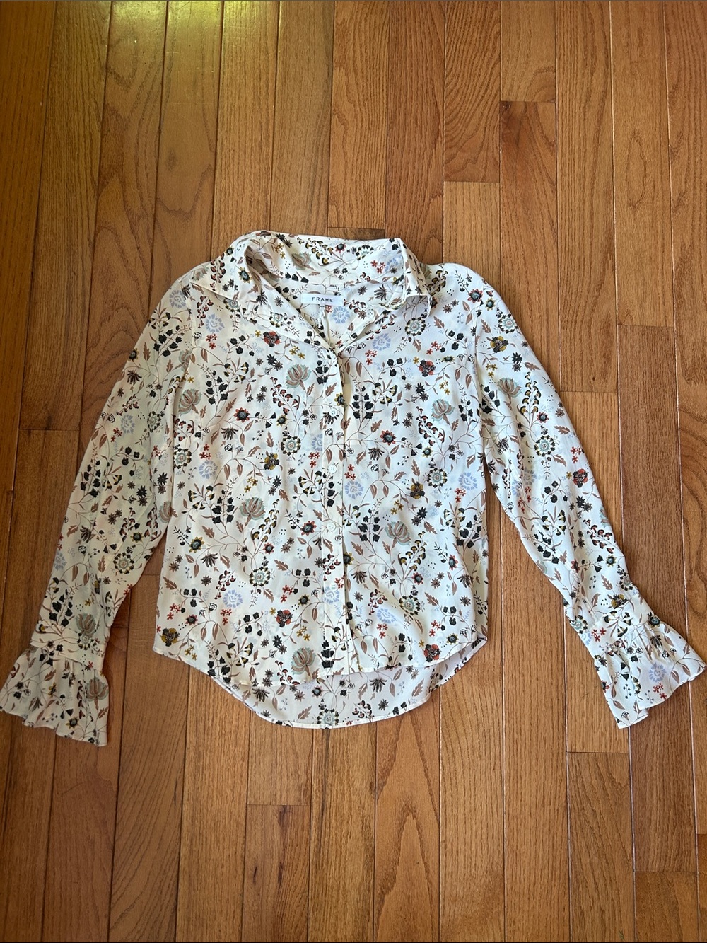 Womens Frame Denim Cream Floral Ruffle Cuff Button-Up Top